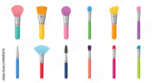 Colorful makeup brushes and beauty tools arranged in a neat row