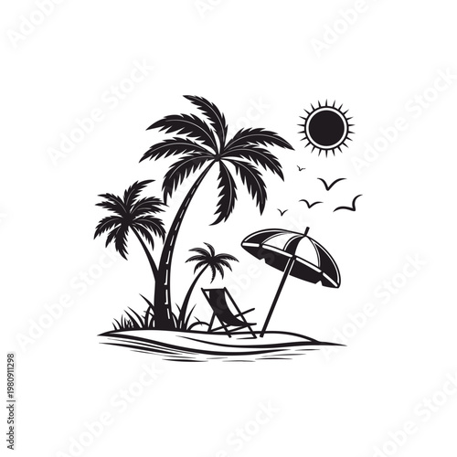 Tropical island setup with palm trees, beach chair, umbrella, sun, and birds black and white summer illustration isolated