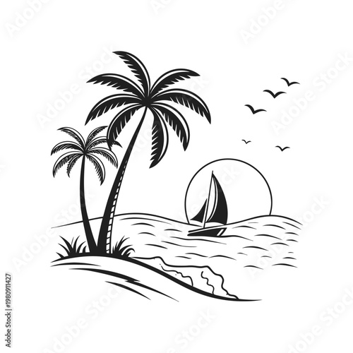 Black and white tropical beach scene with palm trees, sailboat, and birds detailed coastal vector isolated on white