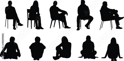 Set of black silhouettes showing people in various sitting positions on chairs and the floor