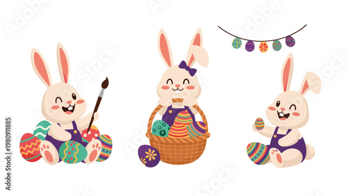 Three cute Easter bunnies celebrate with painted eggs, a paintbrush, a woven basket, and a festive egg garland banner in a cartoon style.