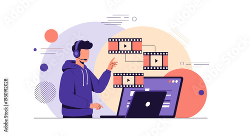 Video editor working on laptop, editing film clips, online video production concept