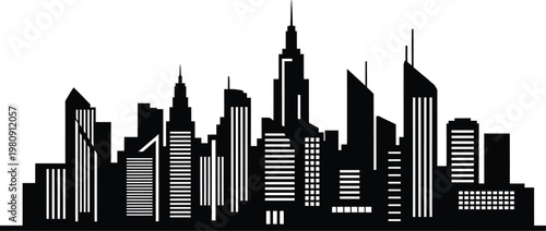 Modern city skyline silhouette featuring diverse skyscrapers and highrise buildings in vector style