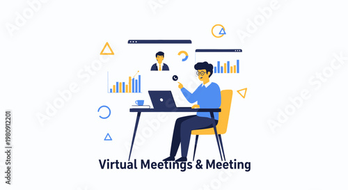 Virtual Meeting Concept: Man Working Remotely with Laptop and Video Conference