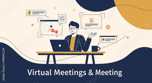 Virtual Meeting Concept: Man in Video Conference with Laptop and Coffee