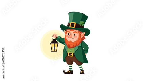 Traditional Irish leprechaun character with a red beard wears a green suit and hat while holding a glowing lantern in the darkness.