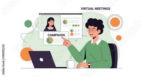Virtual Meeting: Man points at screen with charts during online conference call