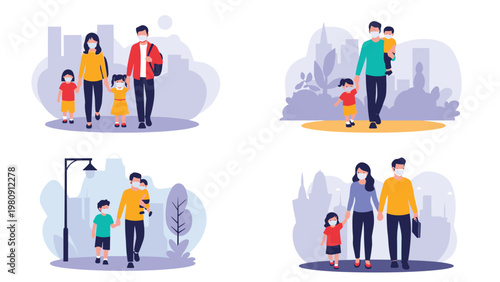 Comprehensive grid displays multiple scenes of diverse families wearing face masks and practicing safety measures in an urban city.