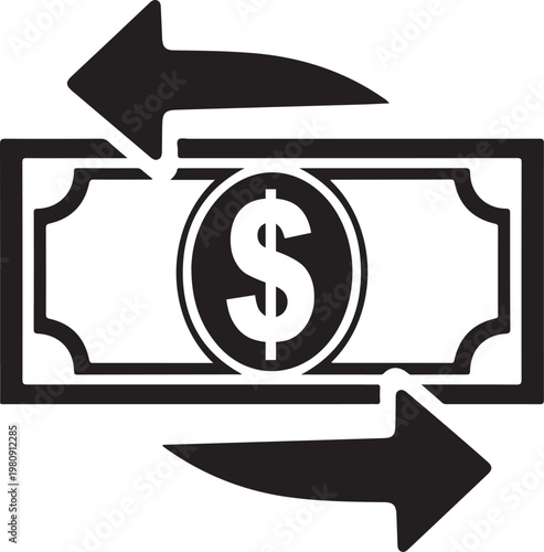 A black silhouette of a banknote with a dollar sign in the middle is flanked by two arrows pointing in opposite directions, suggesting a transaction or exchange.