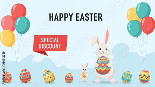 Happy Easter promotional banner displays a cute white bunny holding a large decorated egg with balloons and a special discount tag.