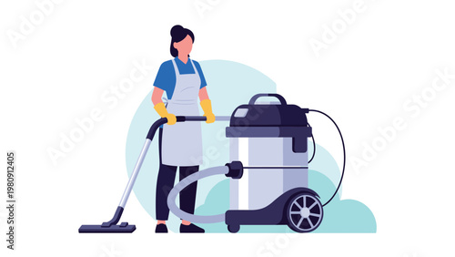 Cleaning service professional wearing an apron and gloves operates a large industrial vacuum cleaner on a light blue background.