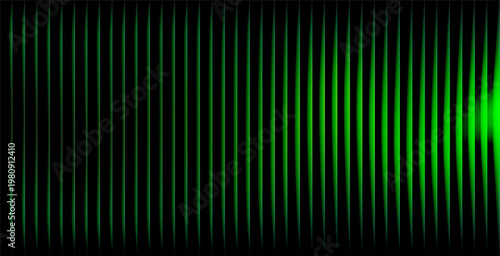 Abstract Dark Green Ribbed Glass Texture Background with Vertical Linear Glow and Neon Light Refraction