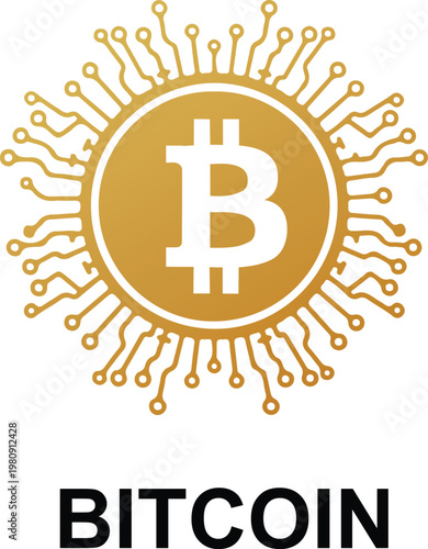 Bitcoin logo with circuit board elements, concept of cryptocurrency, digital currency or financial technology, graphic illustration.