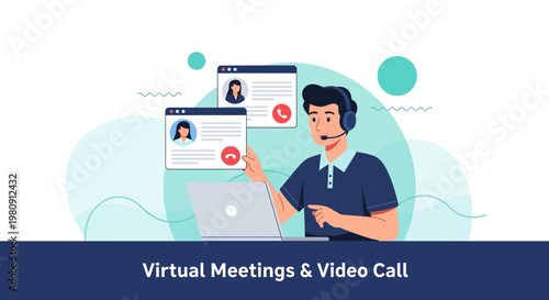 Virtual Meetings & Video Call: Man with Headphones on Laptop, Online Communication Concept