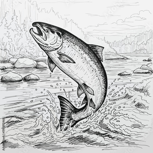 Dynamic Fish Leaping Out of Water by a Natural River Scene