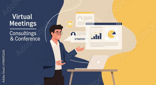Virtual Meetings, Consultings & Conference: Man Presenting Online Strategy