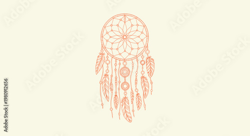 Intricate Orange Dreamcatcher Illustration with Feathers and Beads on a Cream Background Vector