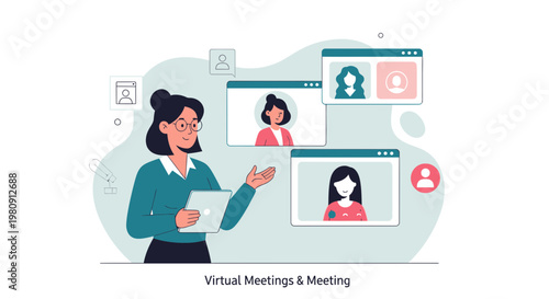 Woman leading virtual meeting with participants on screen, online communication concept