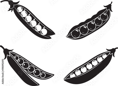 Collection of four black silhouette pea pods filled with peas on transparent background.