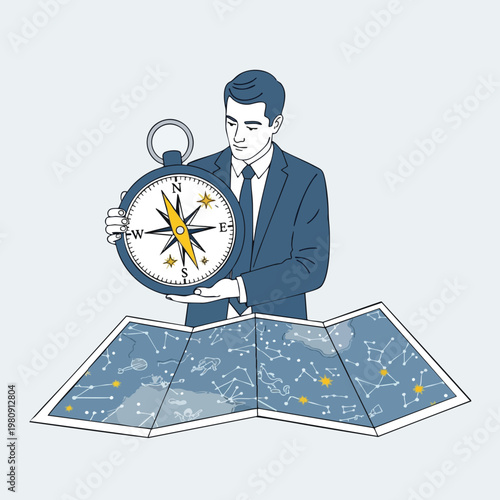 Businessman with Map and Compass Planning Travel or Strategic Journey