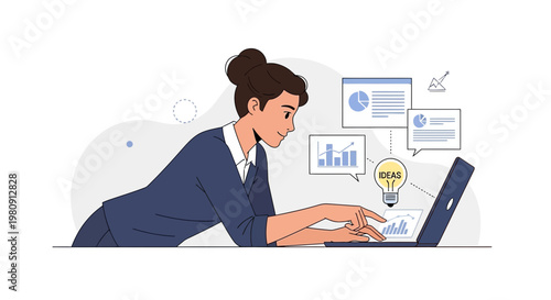 Woman working on laptop with business charts and lightbulb idea icon
