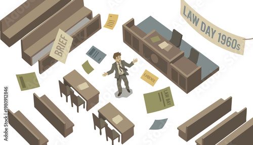 Lawyer Passionately Arguing a Case in a Retro Courtroom for Law Day 1960s Celebration