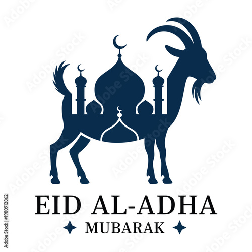 Eid AlAdha celebration with mosque and goat illustration, vector 
