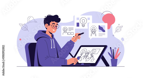 Young artist drawing on tablet, creative process, idea generation, digital art