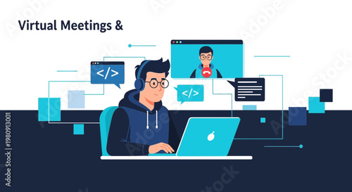 Young developer in headphones on video call, virtual meetings, coding, remote work