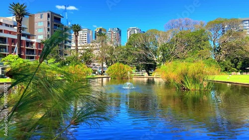 View of a Pond in Burwood Park with Burwood Building Skyline a Sydney suburb  blue skies NSW Australia