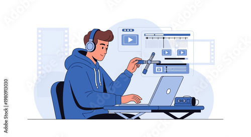 Young Man Editing Video on Laptop with Headphones, Creative Workflow Concept