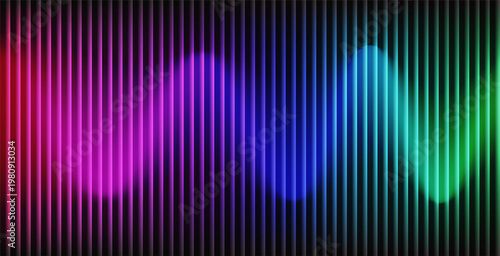 Abstract Colorful Ribbed Glass Texture Background with Neon Glowing Wave and Vertical Gradient Lines for Modern Technology and Audio Concept