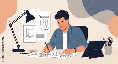 Young man drawing storyboards at desk with tablet and lamp, creative process