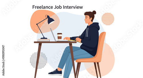 Young Man in Hoodie at Desk for Freelance Job Interview Online