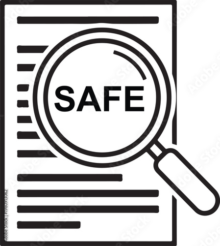 Magnifying glass over safe text on document for legal compliance verification and security audit inspection concept illustration isolated on transparent backdrop