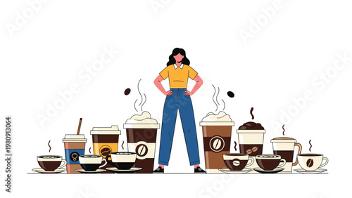 Confident young woman standing with arms akimbo surrounded by a large variety of hot coffee drinks in mugs and takeaway paper cups.