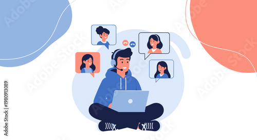 Young man on video call with friends, remote communication, online meeting, distance connection