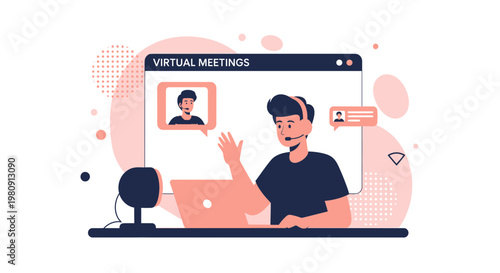 Young man in virtual meeting on laptop, waving hello, online communication concept