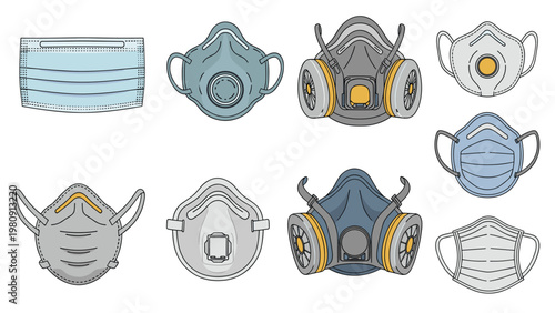 Collection of different types of protective face masks and industrial respirators designed for health safety and respiratory protection in various environments.
