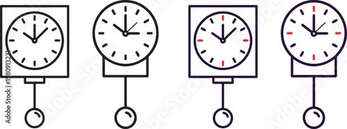  Set of four pendulum clock icons in outline and solid stroke styles, with and without highlighted seconds, on transparent background