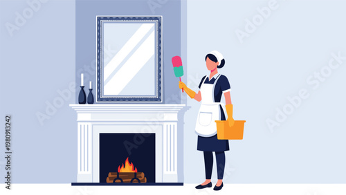 Professional maid in a classic uniform cleaning a living room by dusting a fireplace mantle and a large decorative mirror with a colorful duster.