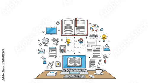 Creative education concept showing a workspace with a laptop and books surrounded by floating icons of science art and diverse learning subjects.