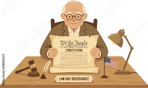 Law Day Observance with Elderly Man Reading Us Constitution Document at Desk