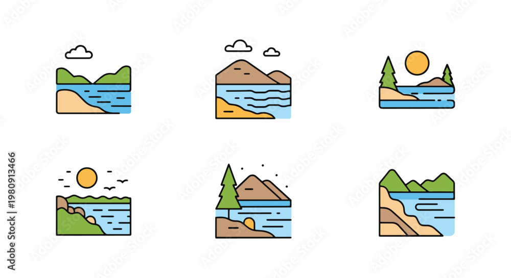 Fototapeta premium Lake Natural Beauty Line art modern abstract simple shapes
