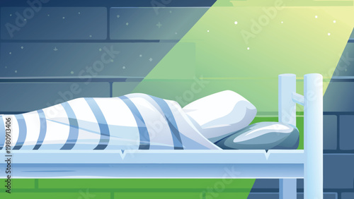Inmate Sleeping on Bunk Scene Vector Illustration