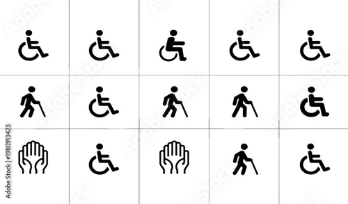Accessible disability icons set featuring wheelchair users walking cane assistance and support symbols minimal vector collection