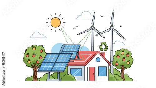 Eco friendly smart home concept featuring solar panels wind turbines and apple trees to represent sustainable living and renewable energy solutions.