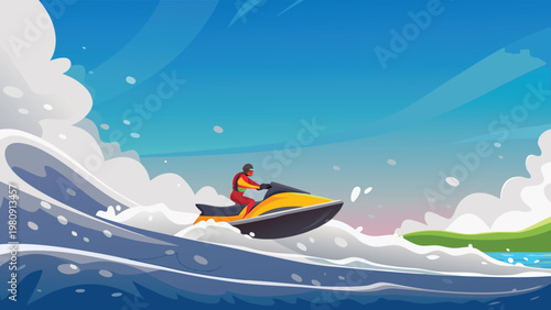 Jet Ski Riding Scene Vector Illustration of Perso