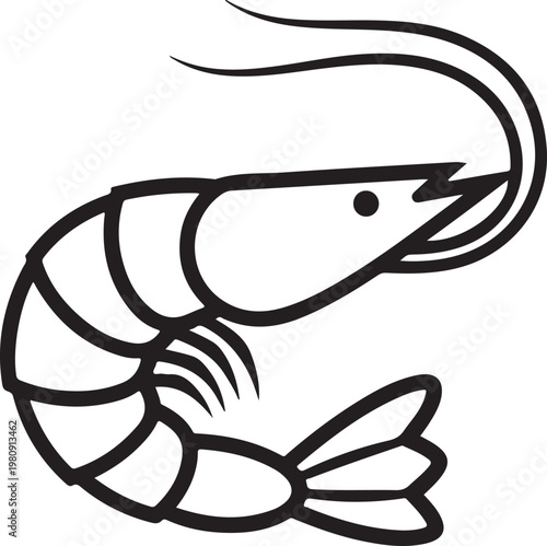 Shrimp outline illustration representing seafood restaurant menu icons or ocean life biology education materials featuring detailed prawn silhouette for design.