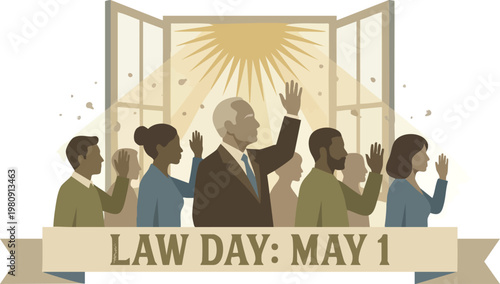 Group of Diverse Professionals Raising Hands Affirming Commitment to Justice on Law Day